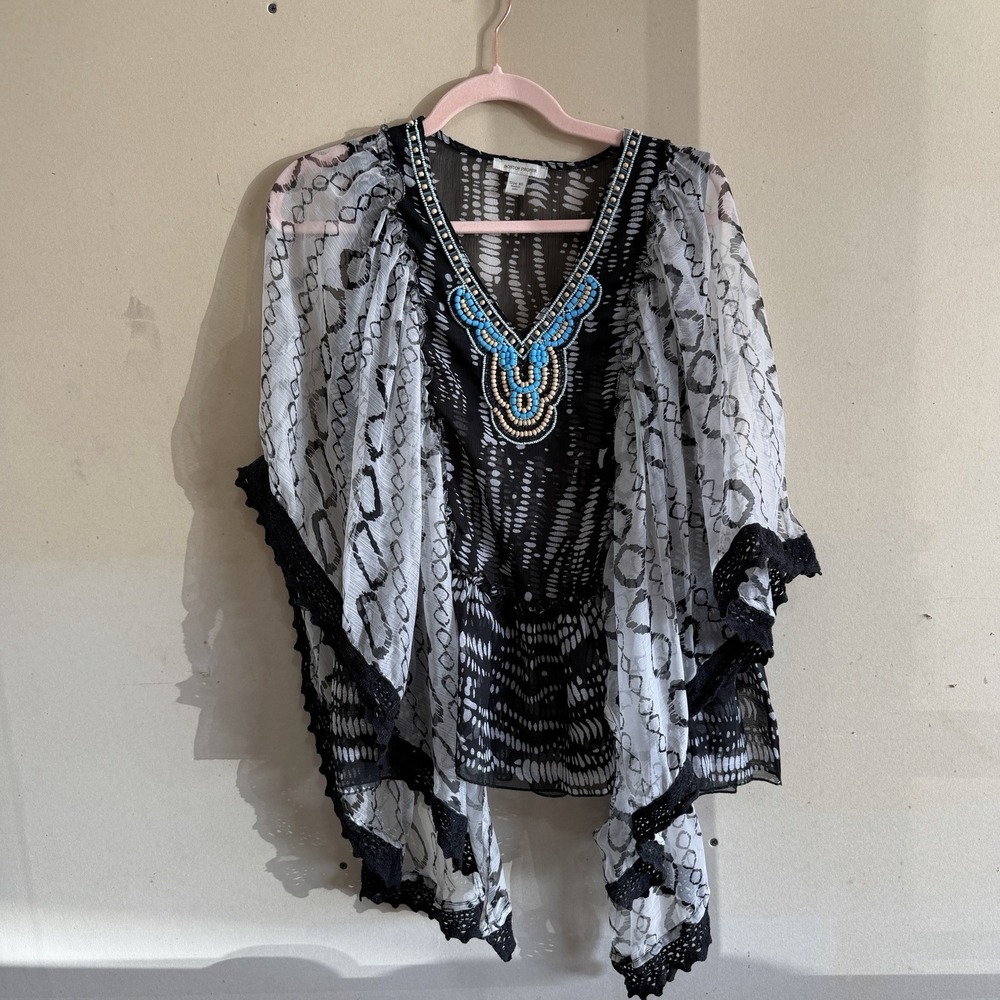 Boston Proper Beaded Boho Kaftan Blouse Top Black White Chiffon XS